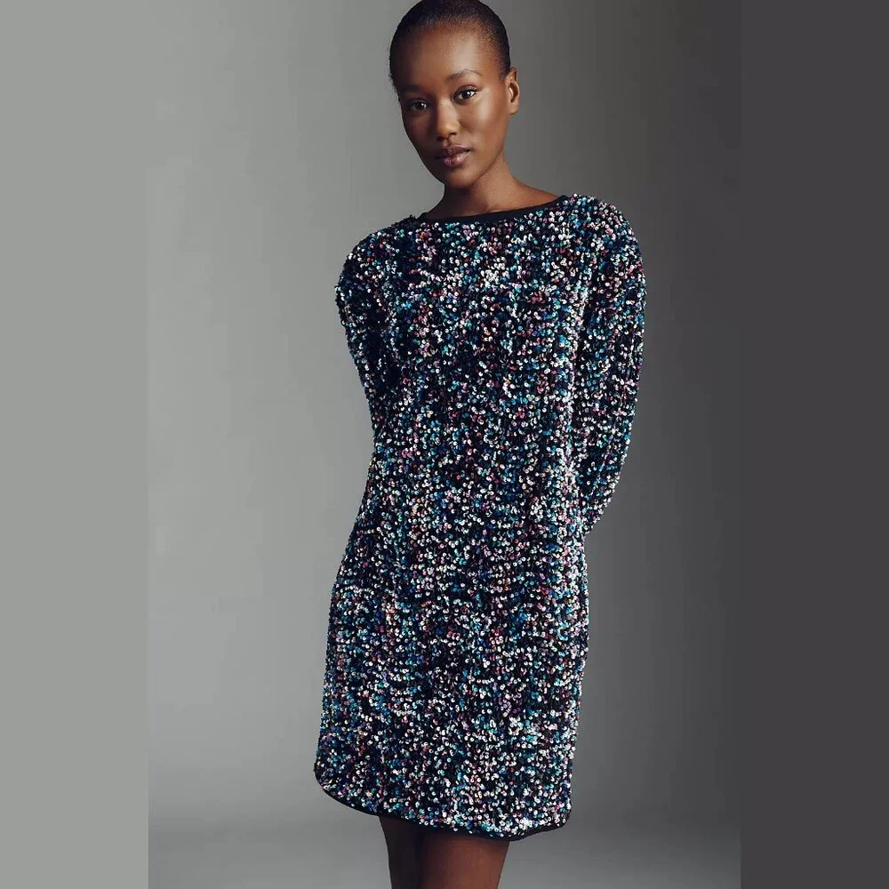 NEW Sizes XS, M, L Petite Women's Velvet Sequin Mini Dress Multi - Anthropologie - Picture 3 of 5